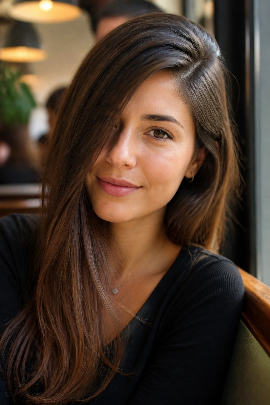 Close-up of a woman with a deep side-part long hair in a sunlit cafe