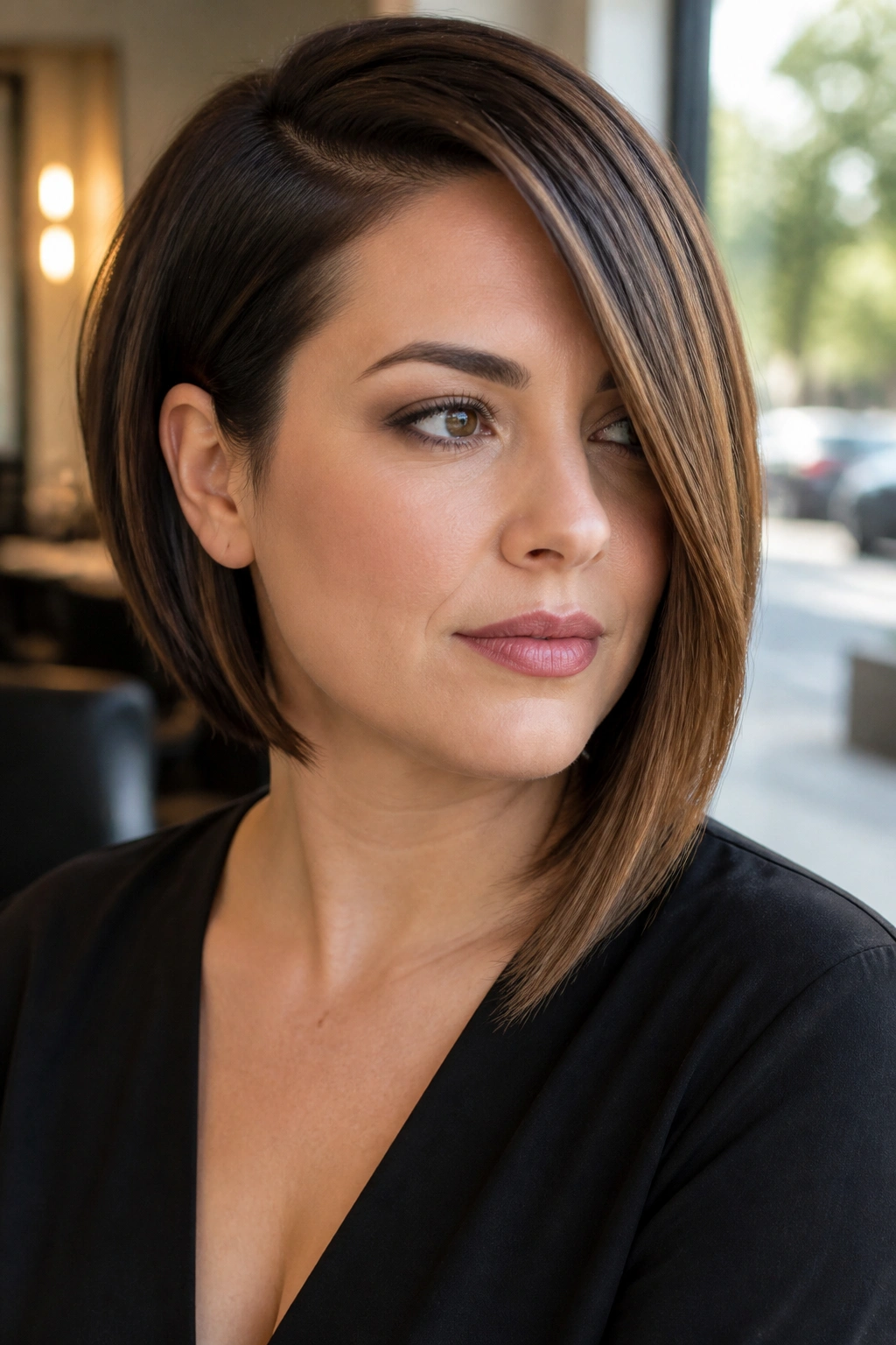 Close-up portrait of a real woman with a deep side-part angled bob