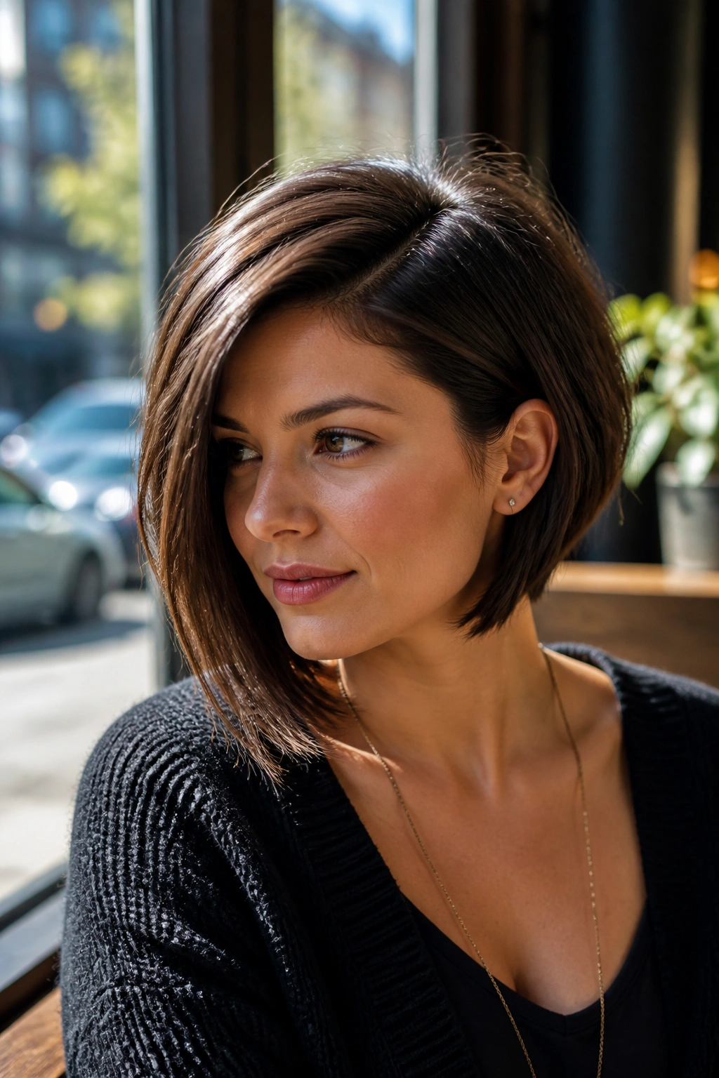 Close-up portrait of a real woman with a deep side-part angled bob in a cafe window light