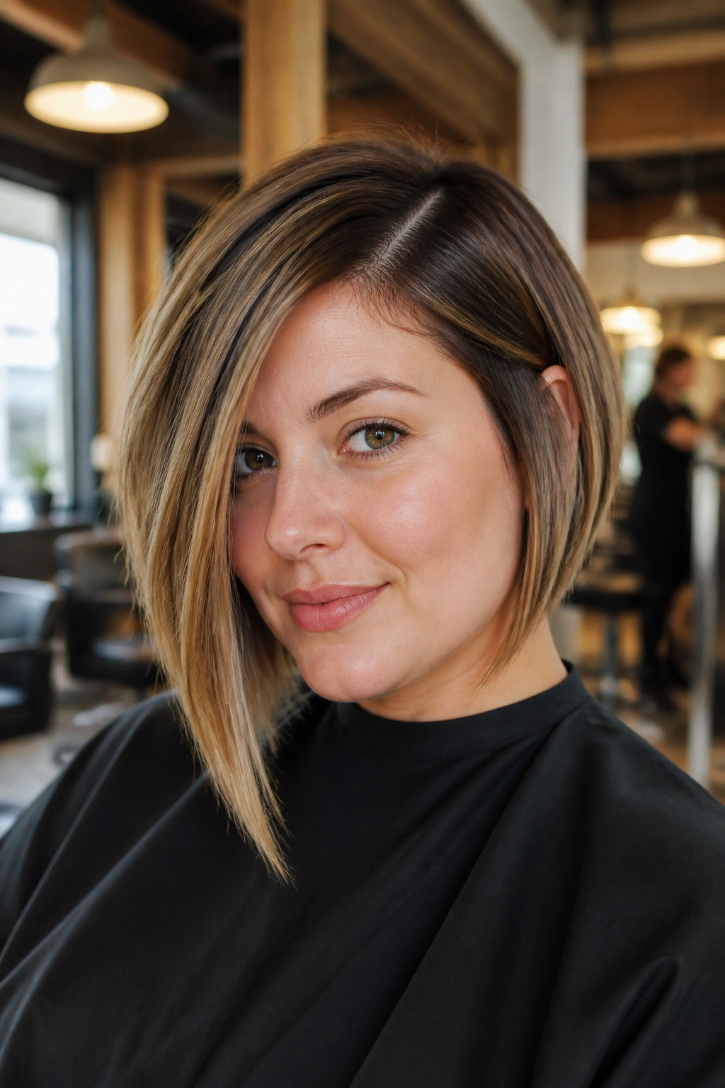 Close-up portrait of a woman with deep side-part angled bob for round face in salon