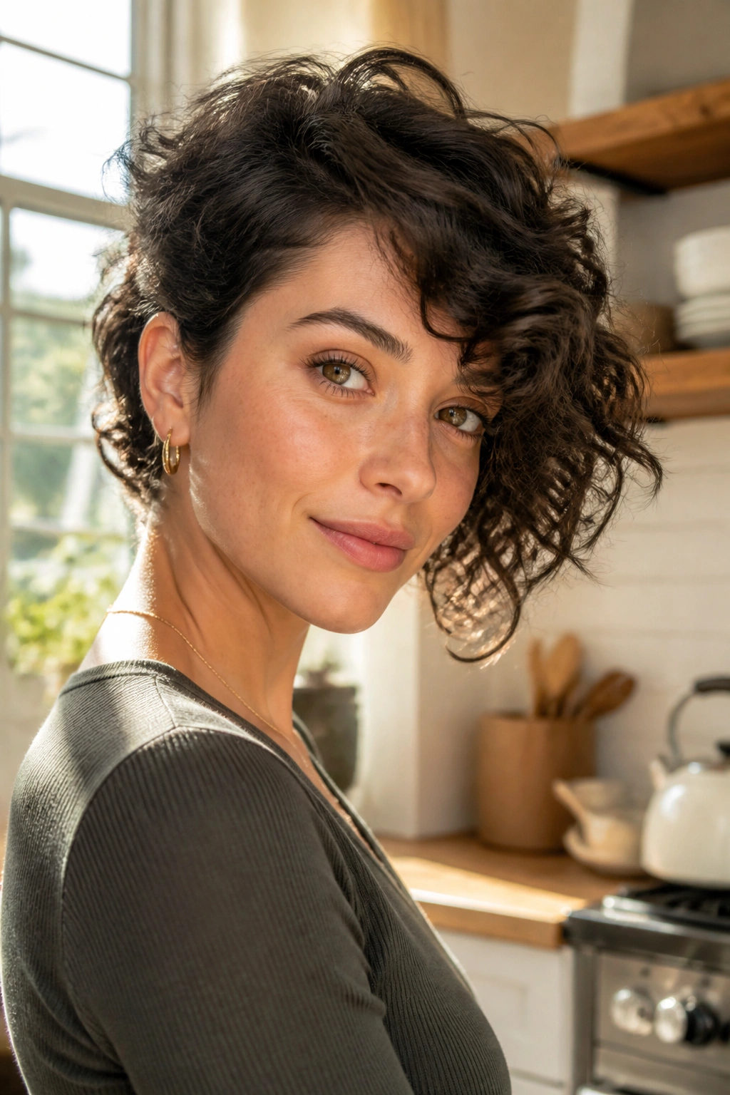 Close-up portrait of a real woman with deep side-part fringe on curly hair.