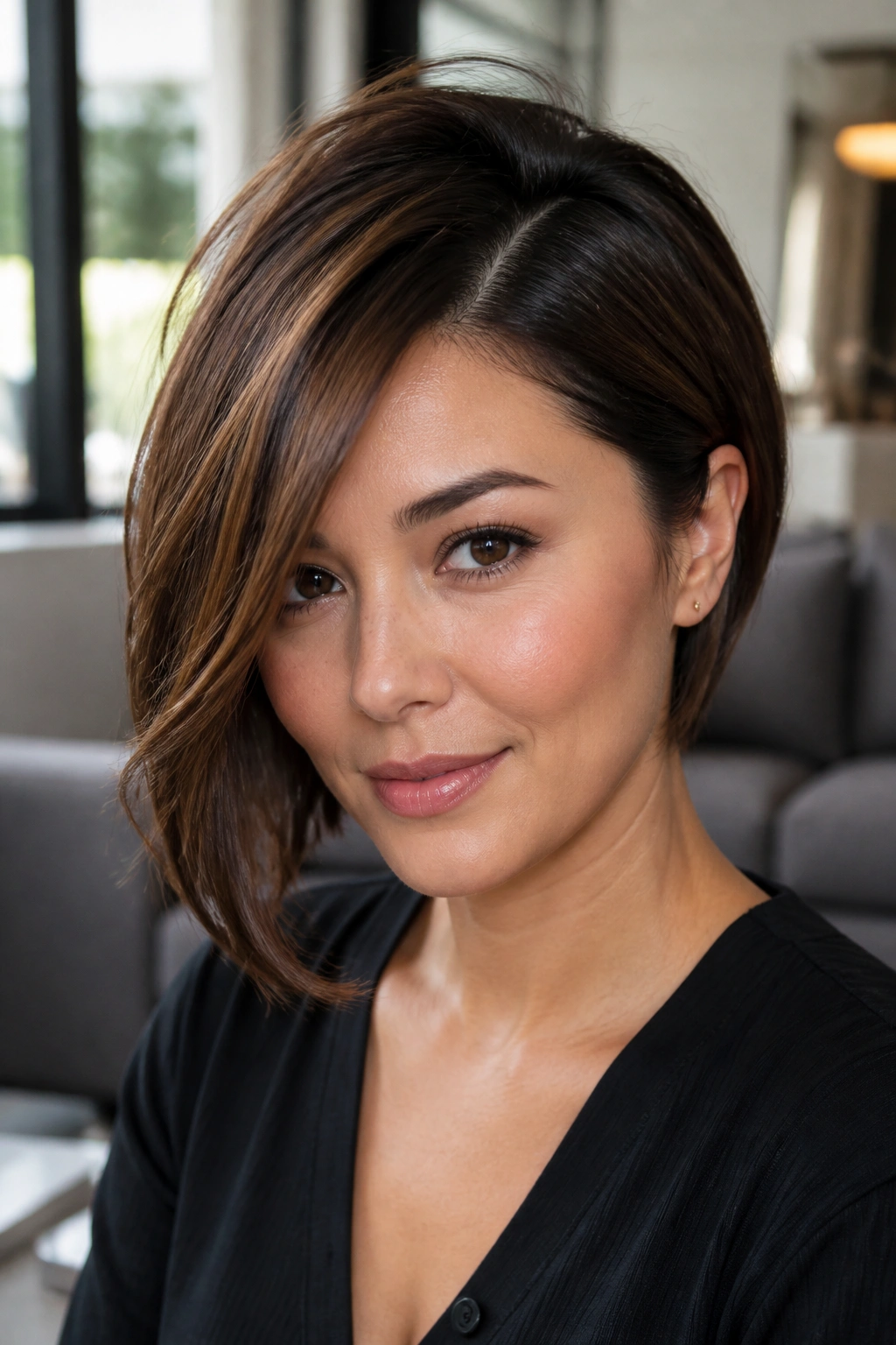 Close-up portrait of a woman with a deep side part and cheekbone arc in natural daylight