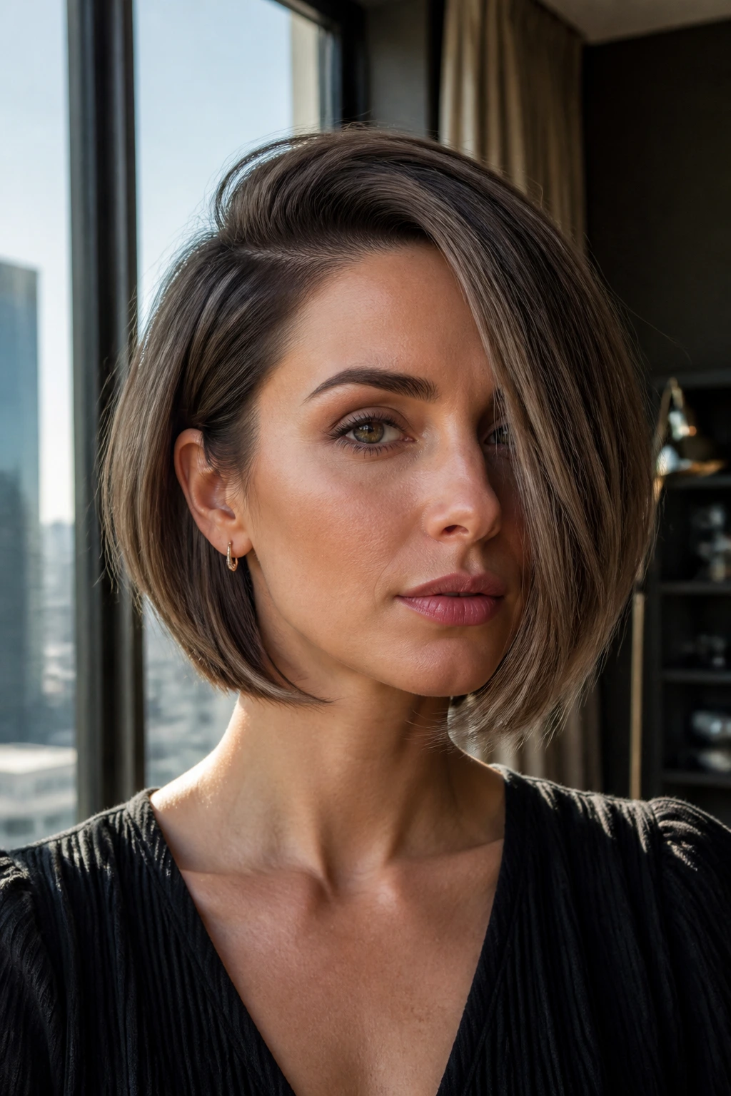 Portrait of a woman with deep side-part ash bob in urban apartment