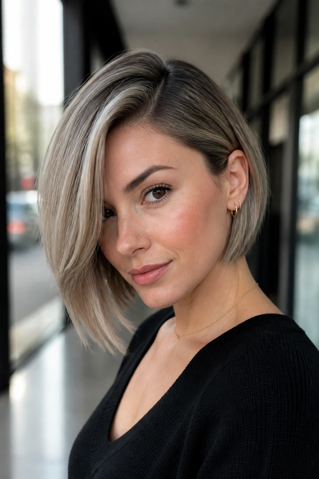 Three-quarter portrait of deep side-part ash bob on a real woman