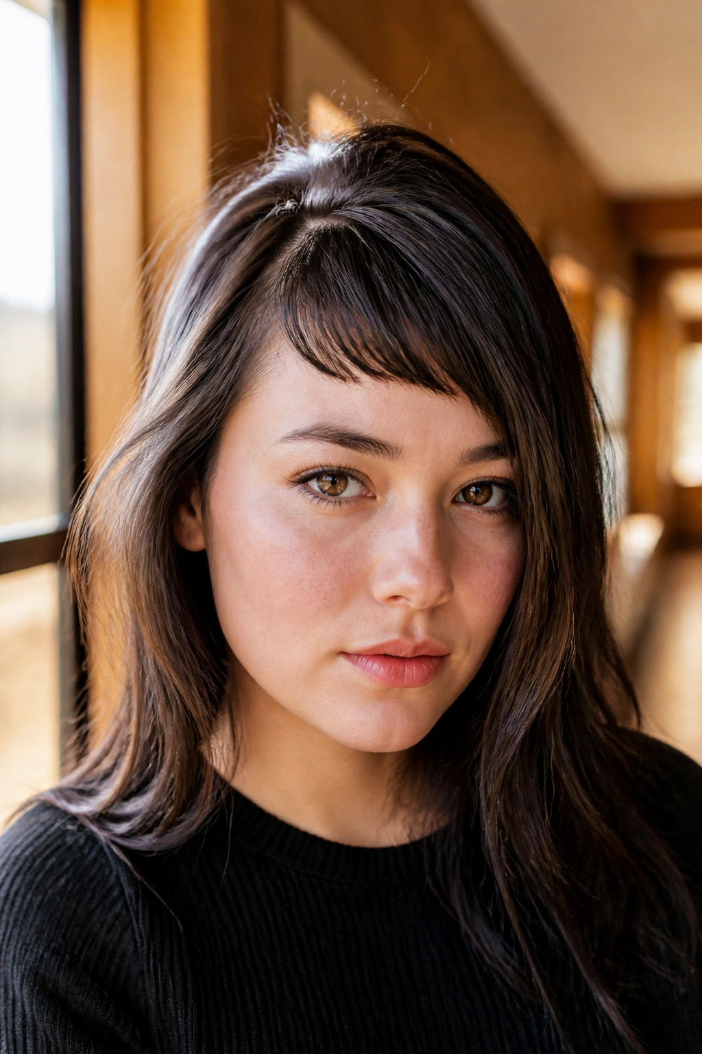 Close-up portrait of a real person with a deep side-part micro bangs