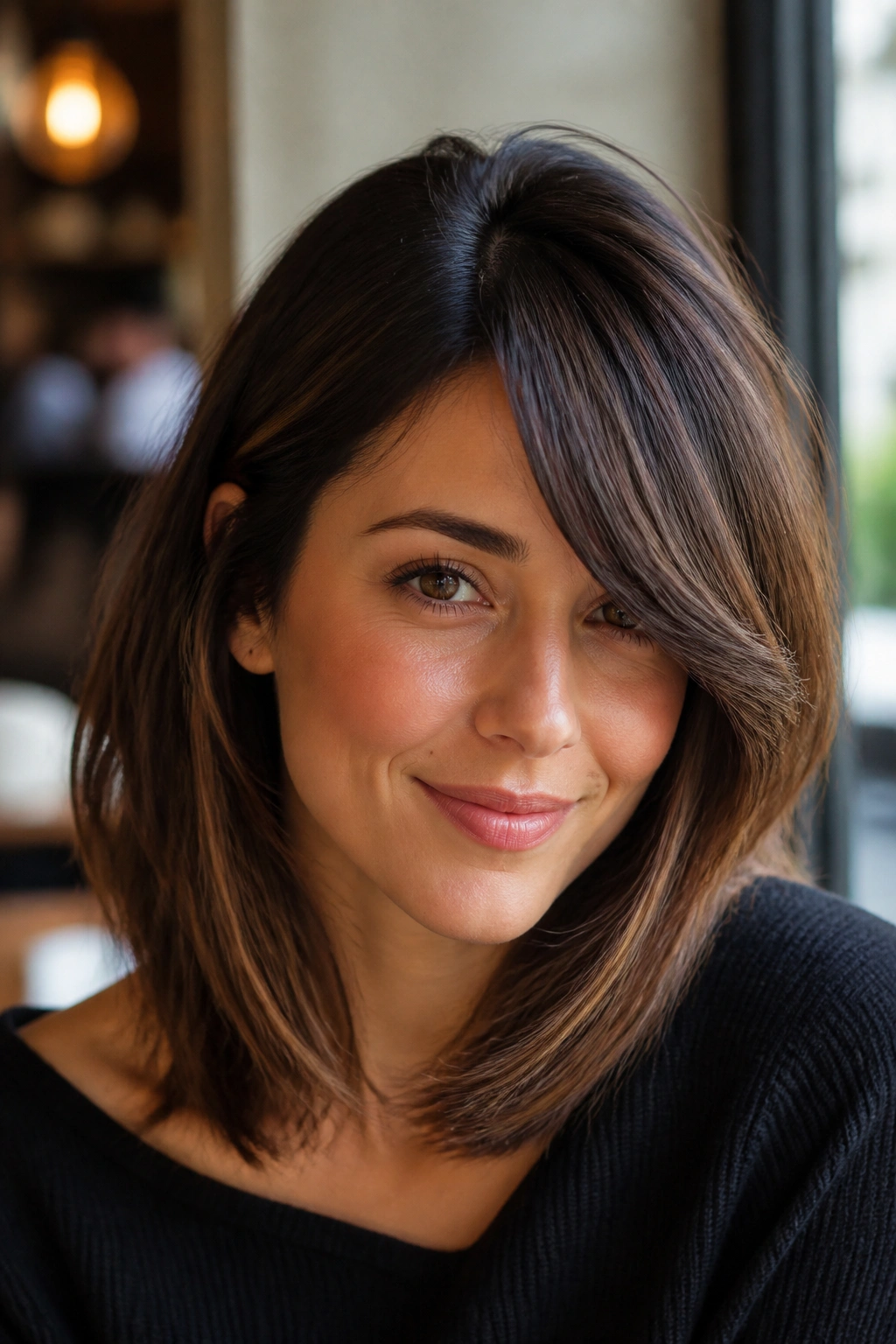 Real-woman portrait showing a deep side part with bangs following the part in warm light