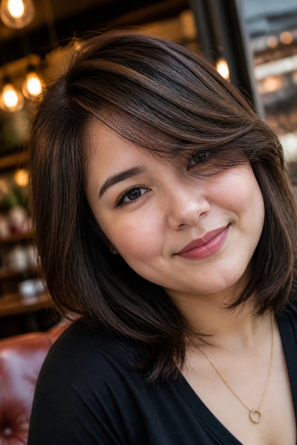 Close-up of a real woman with a deep side-part half bangs framing the face.