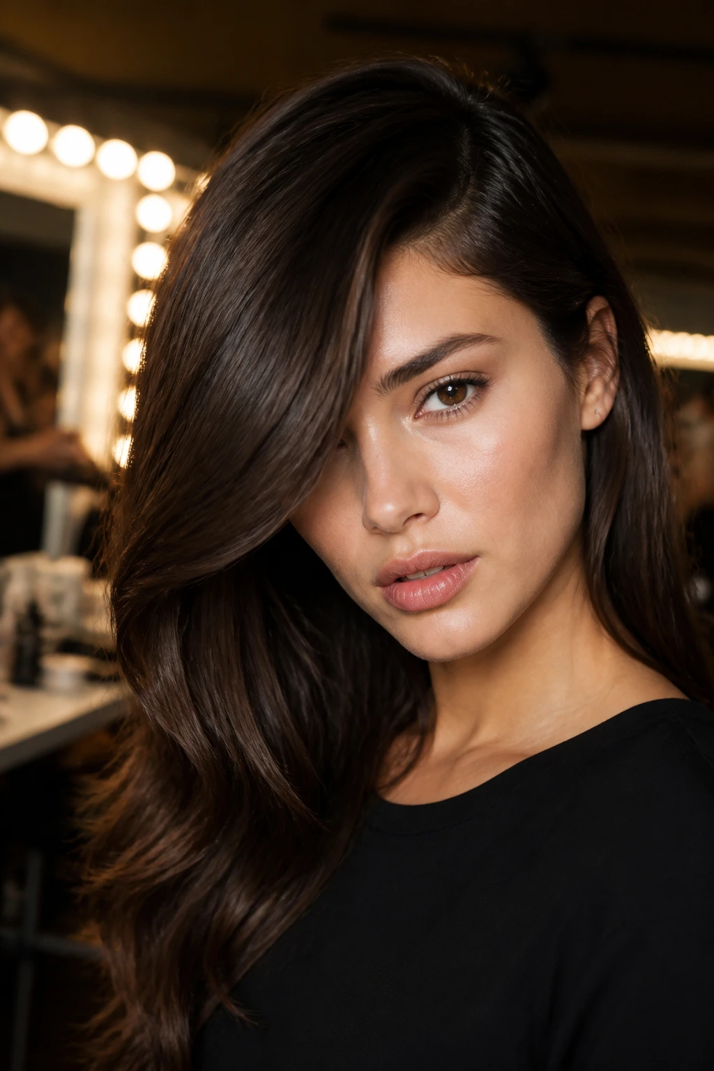 Close-up of a real woman with a deep side part and dramatic long bangs