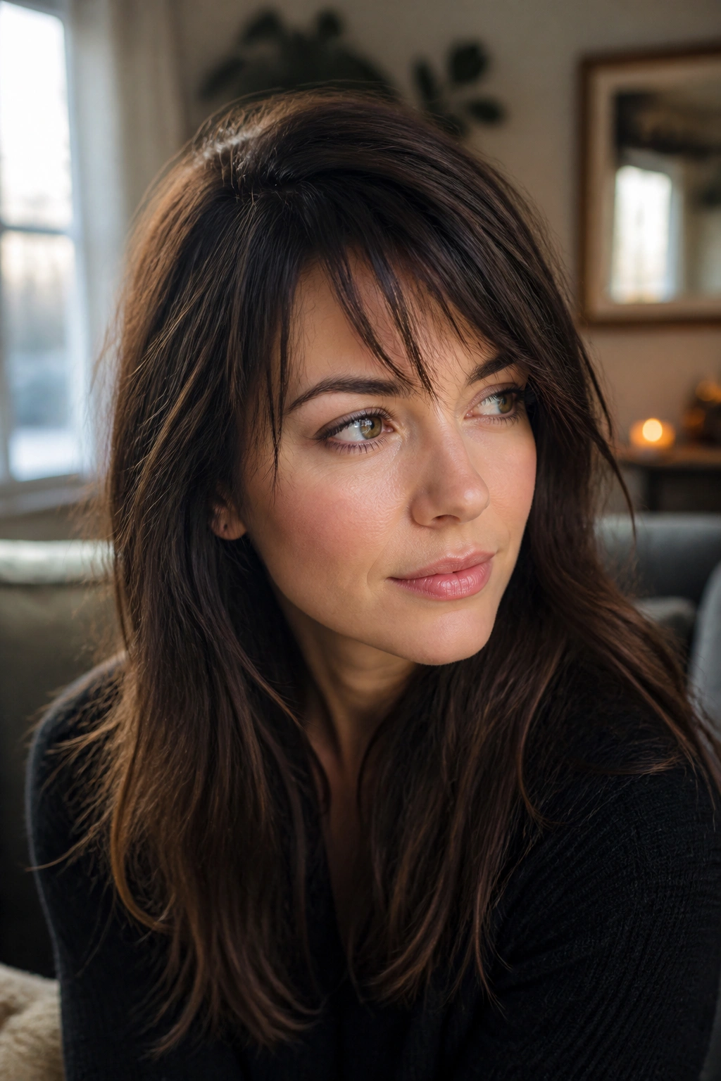 Close-up portrait of a real woman with deep side part and choppy bangs