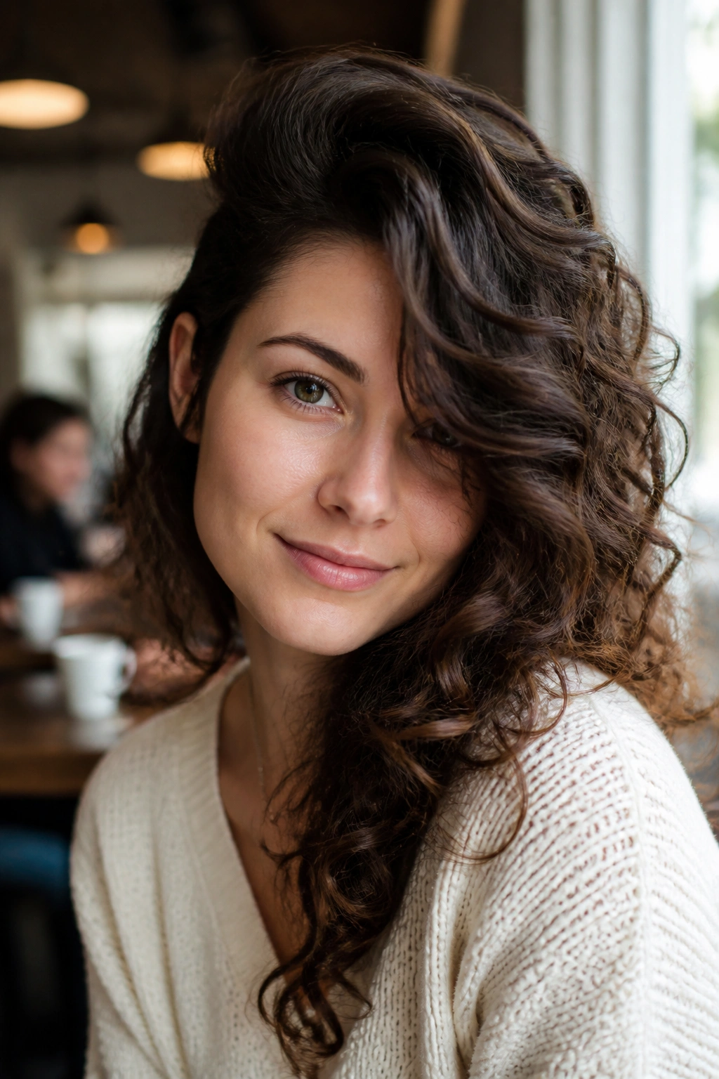 Real woman with deep side-part bangs and crown volume in warm cafe light.