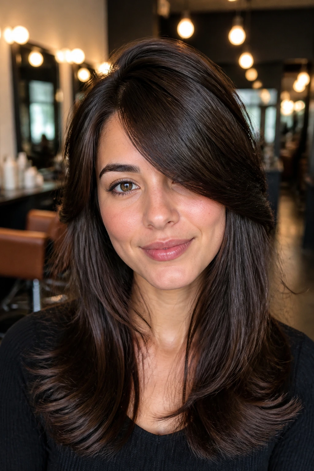 Real woman with deep side-part bangs and crown volume