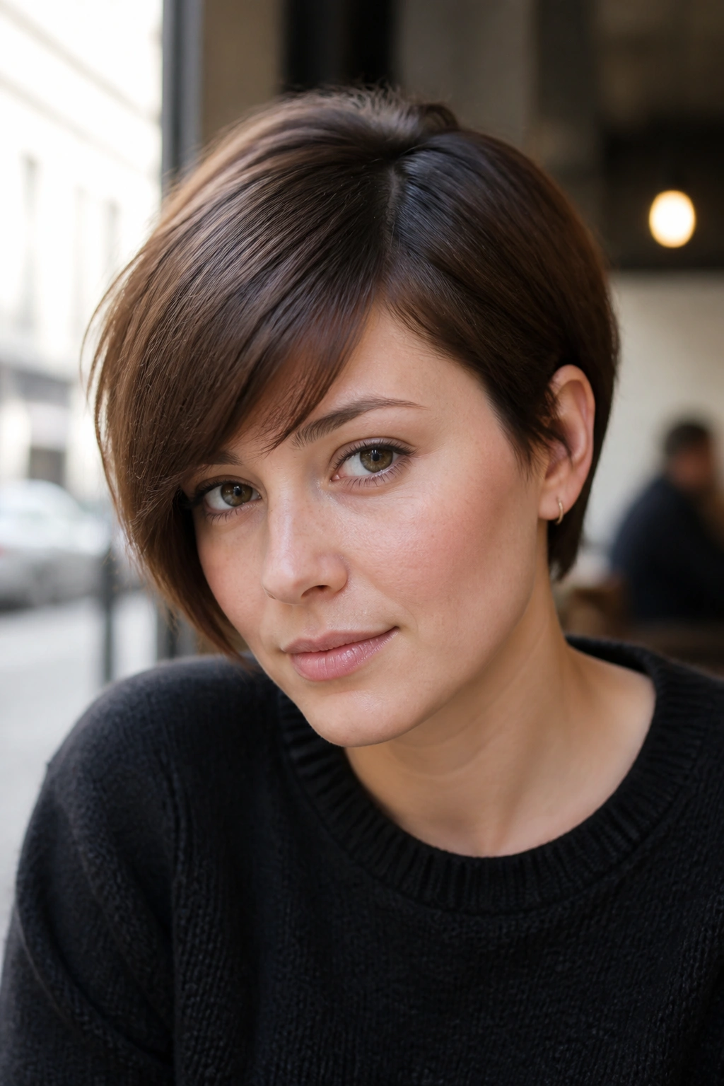 Portrait of a real person with deep side-part bangs sweeping across.