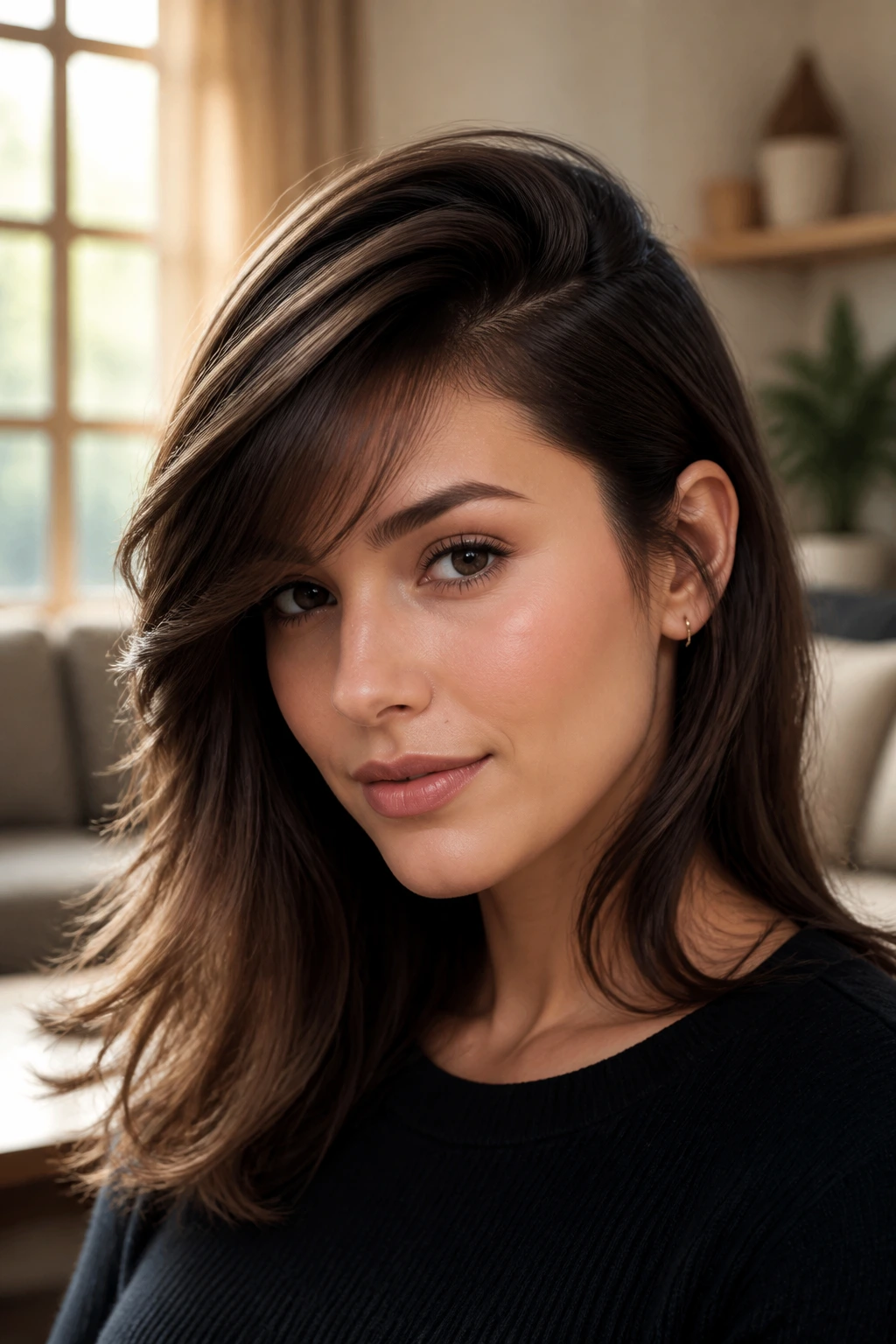 Close-up of a real woman with deep side-part bangs and lifted roots.