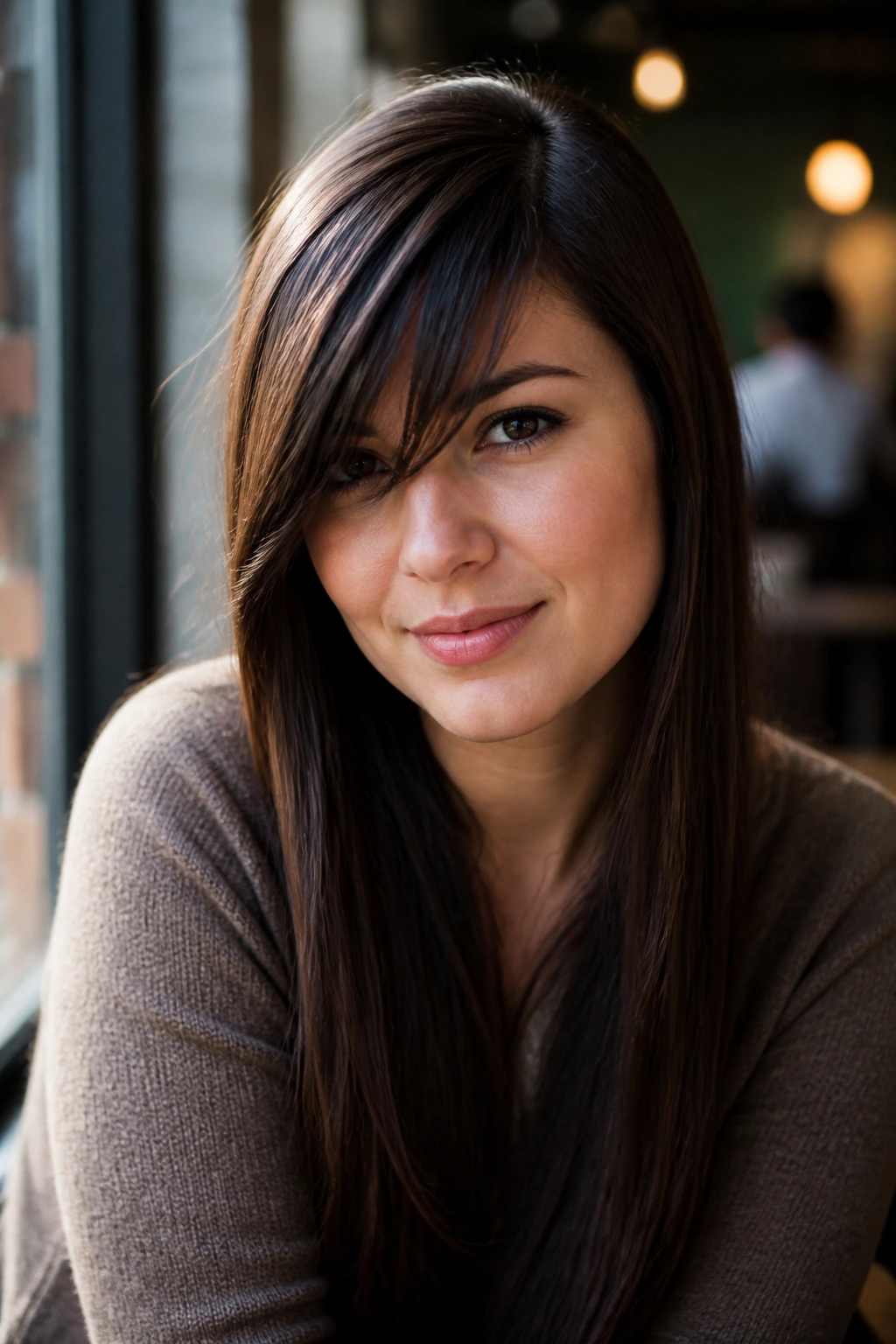Real woman with long straight bangs and a deep side part in cafe window light