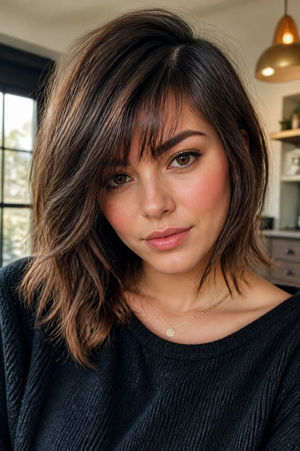Close-up of a real woman with a deep side-part and choppy bangs in a softly lit home interior.