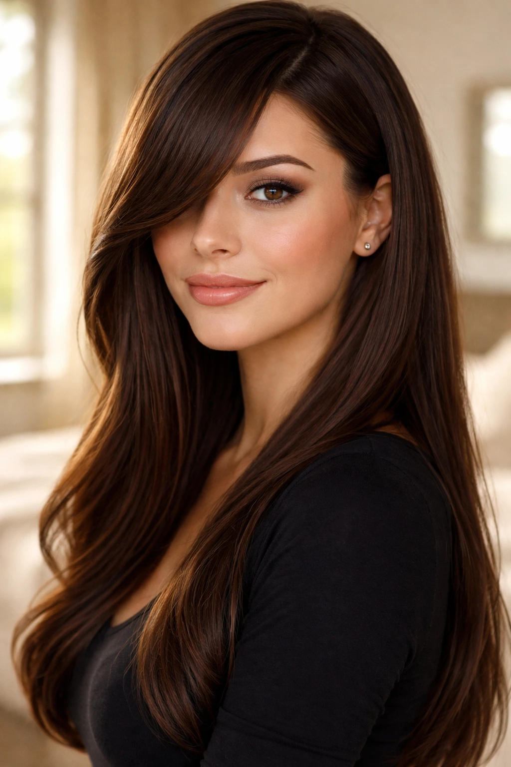 Close-up portrait of a real woman with deep side part and sweeping bangs.