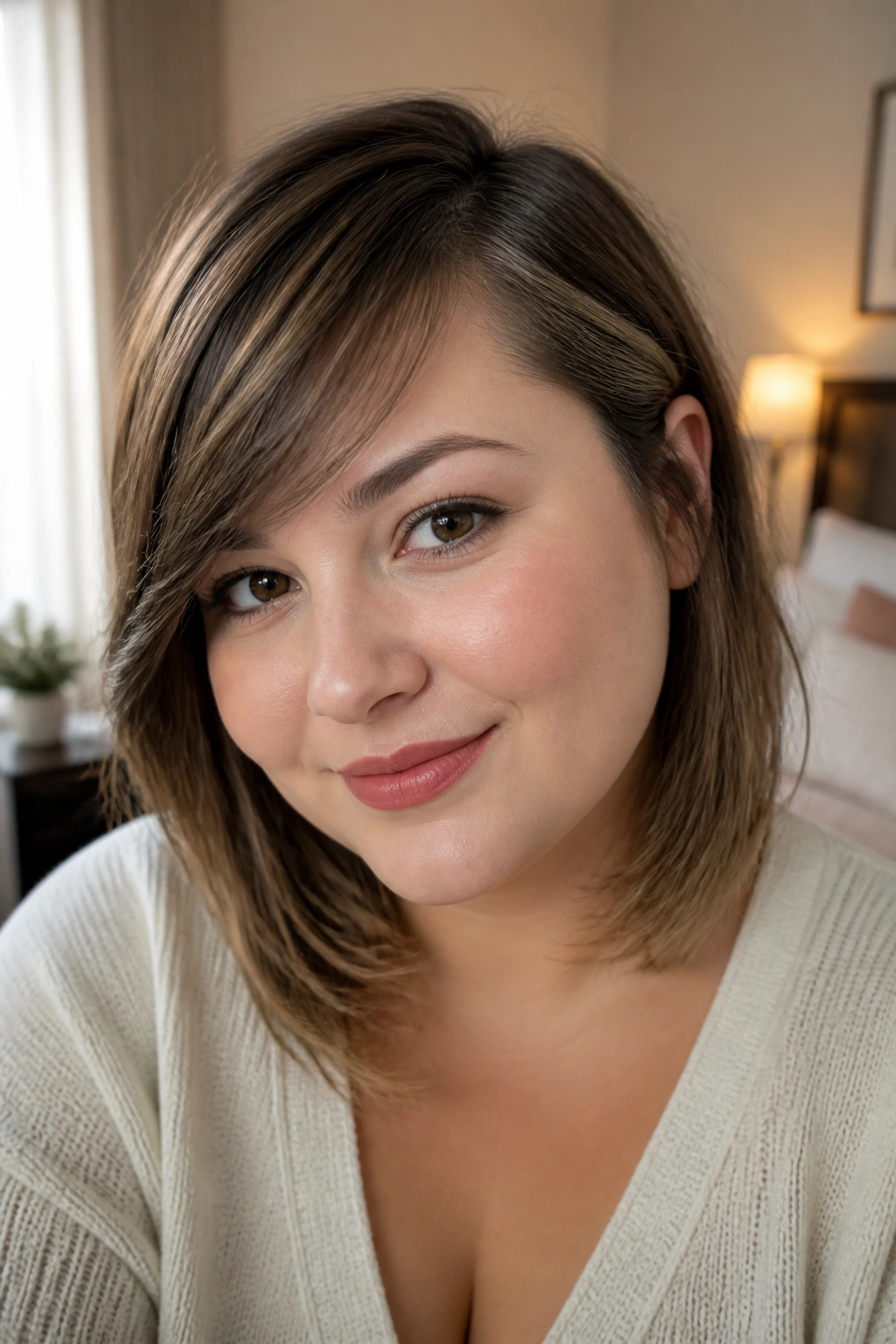 Close-up of a real woman with deep side-part bangs on a round face in warm bedroom light