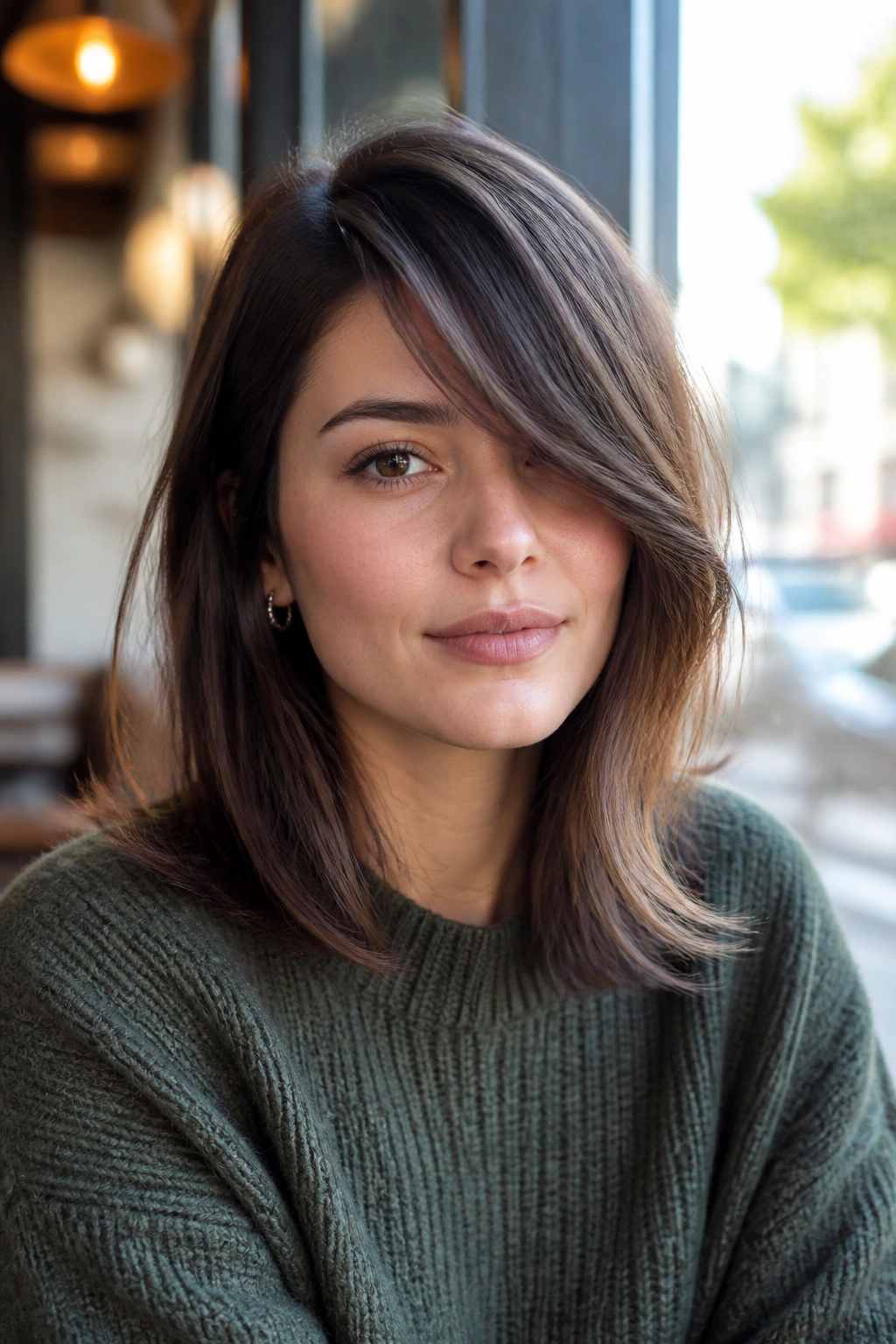 Close-up portrait of a real woman with deep side-part bangs for round faces