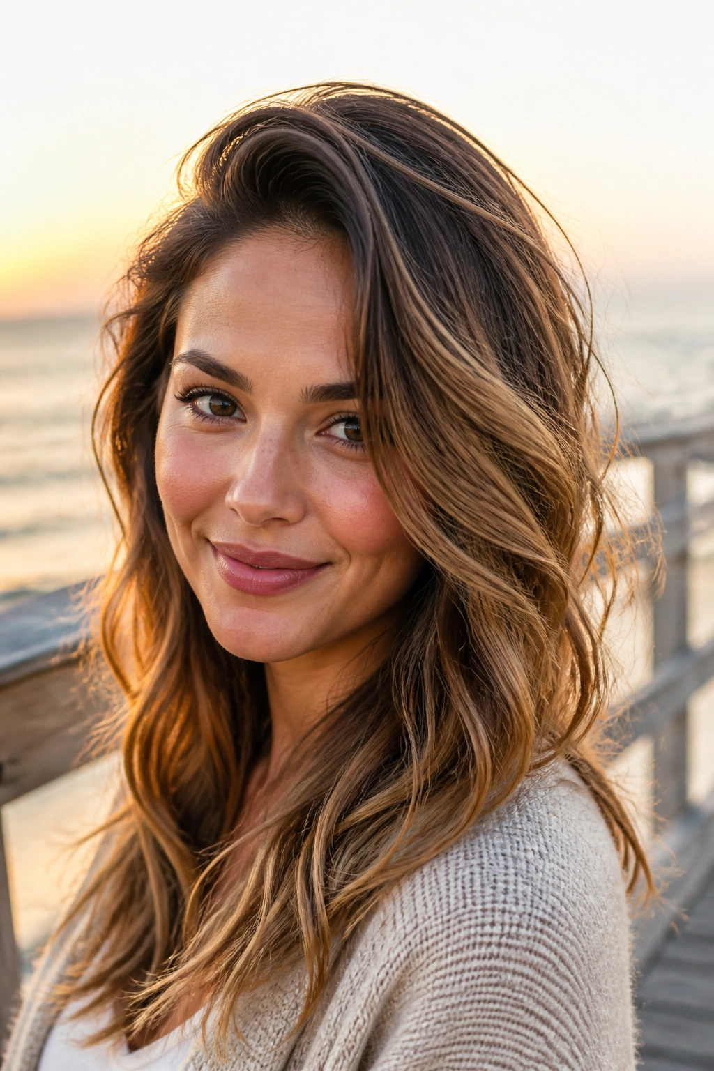 Close-up of a real woman with deep side-part beach waves