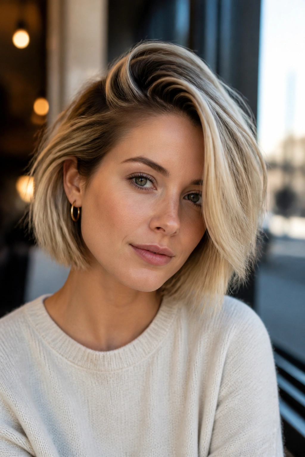 Real woman with deep side-parted bob close-up
