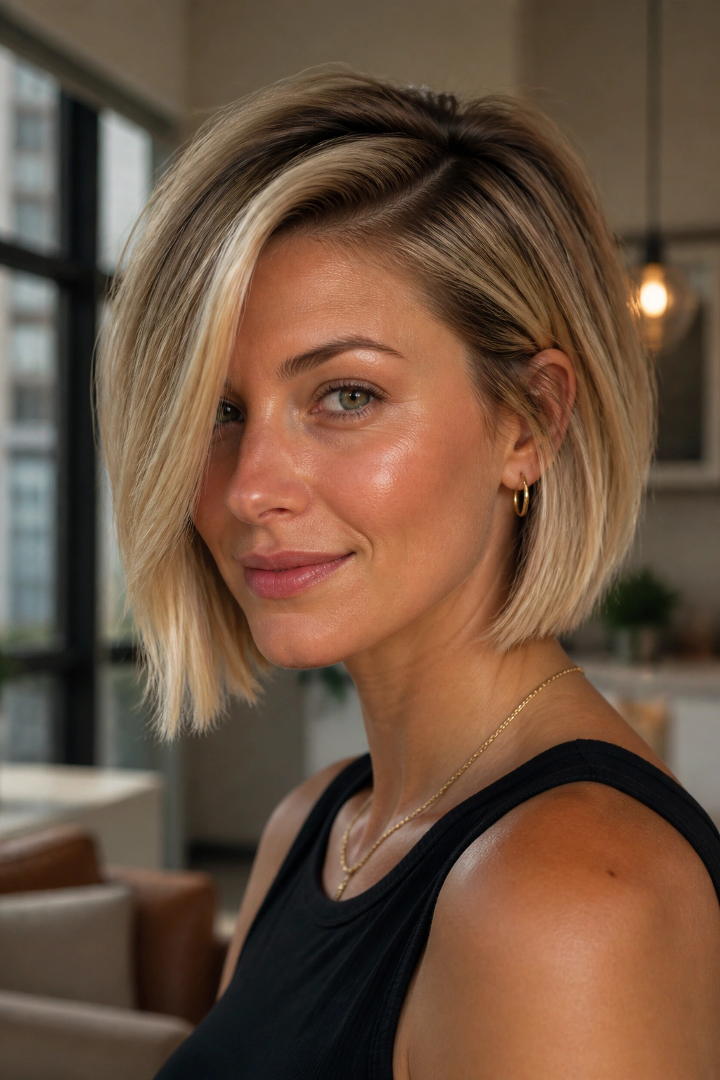 Close-up of a real woman with a deep side-part blonde bob