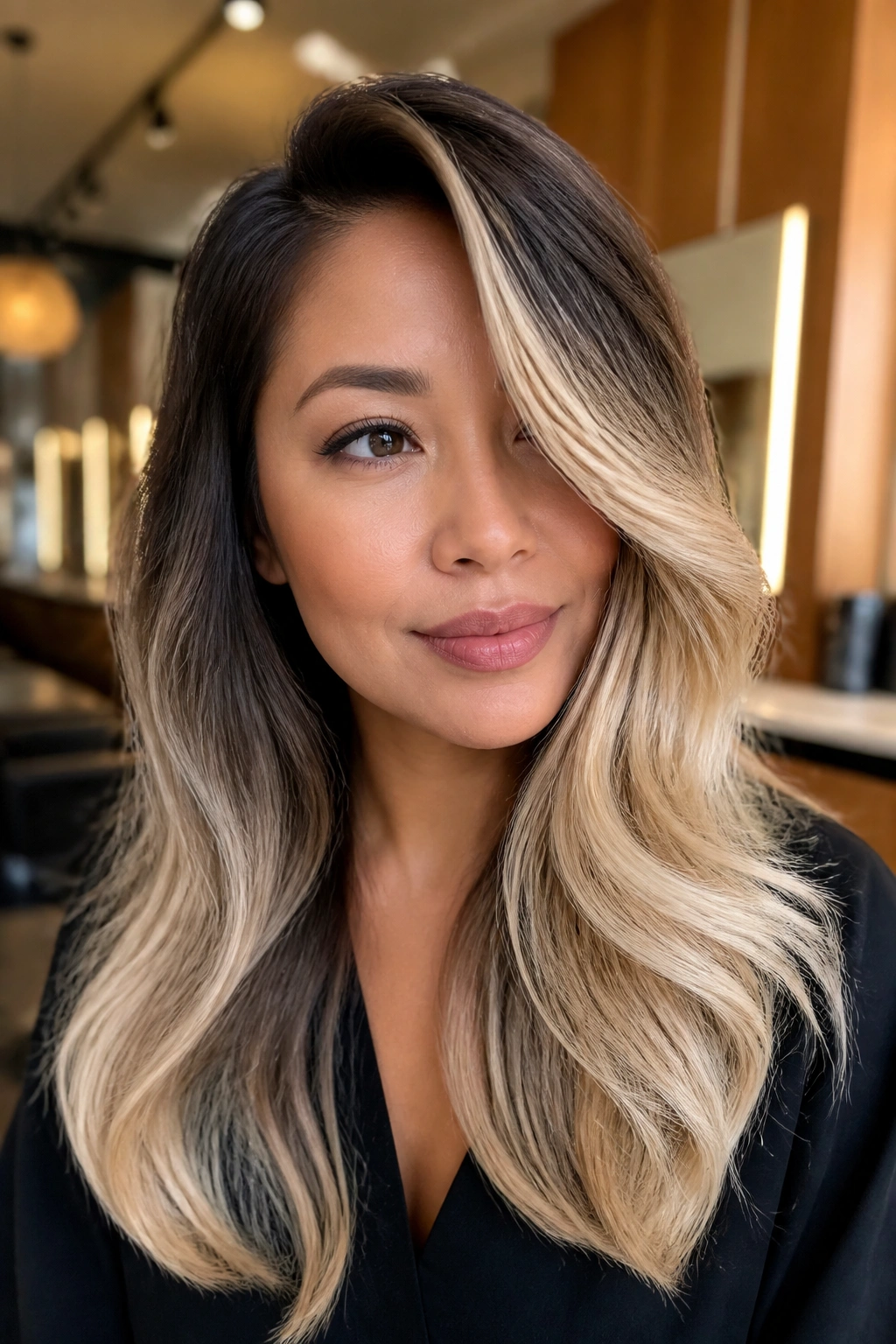 Close-up of a woman with a deep side-part and blonde sweep