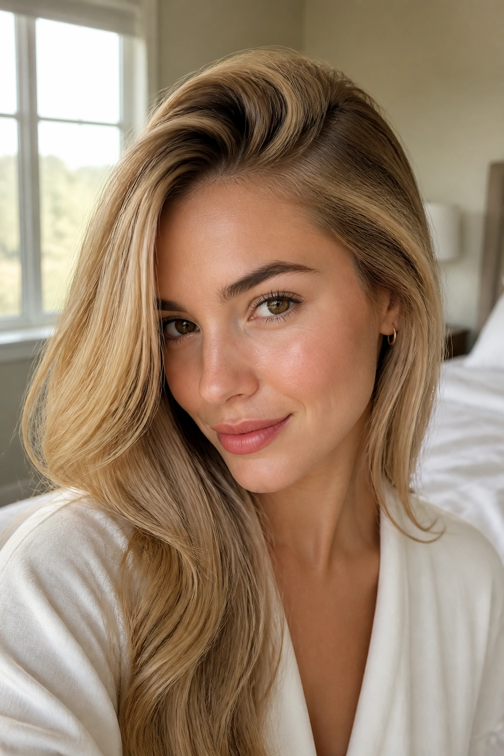 Real woman with deep side part and root-lift blowout