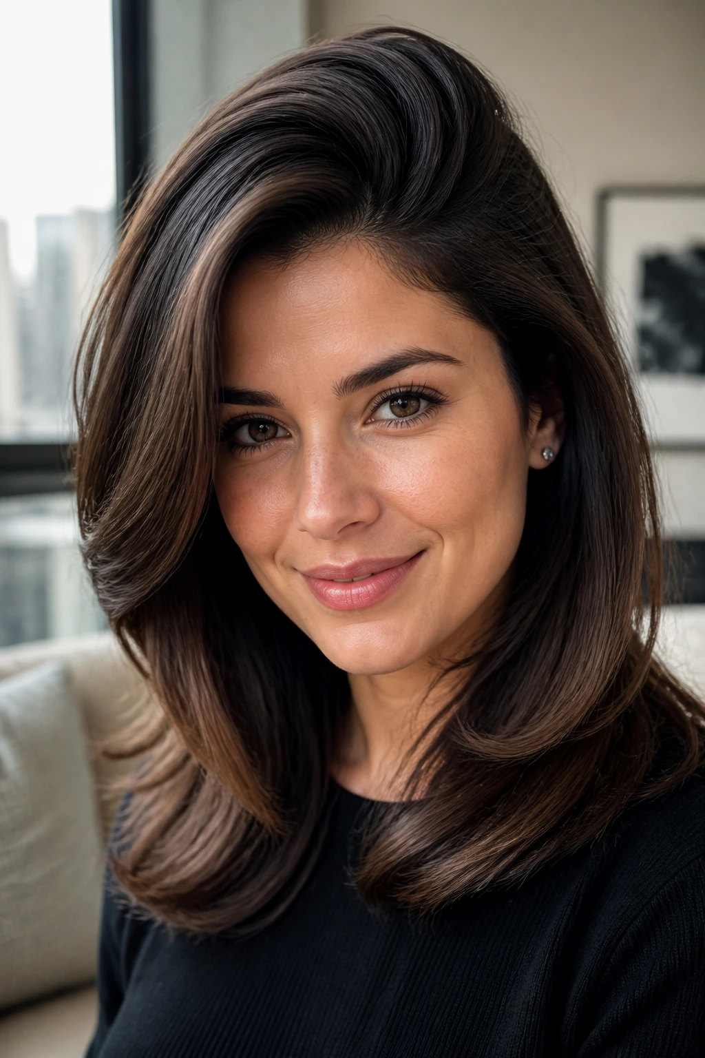 Real woman with deep side-part blowout and crown lift in window-lit apartment