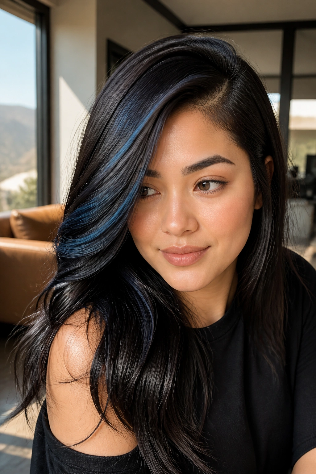 Close-up portrait of a woman showing a deep side part with blue-black contrast in the highlights.