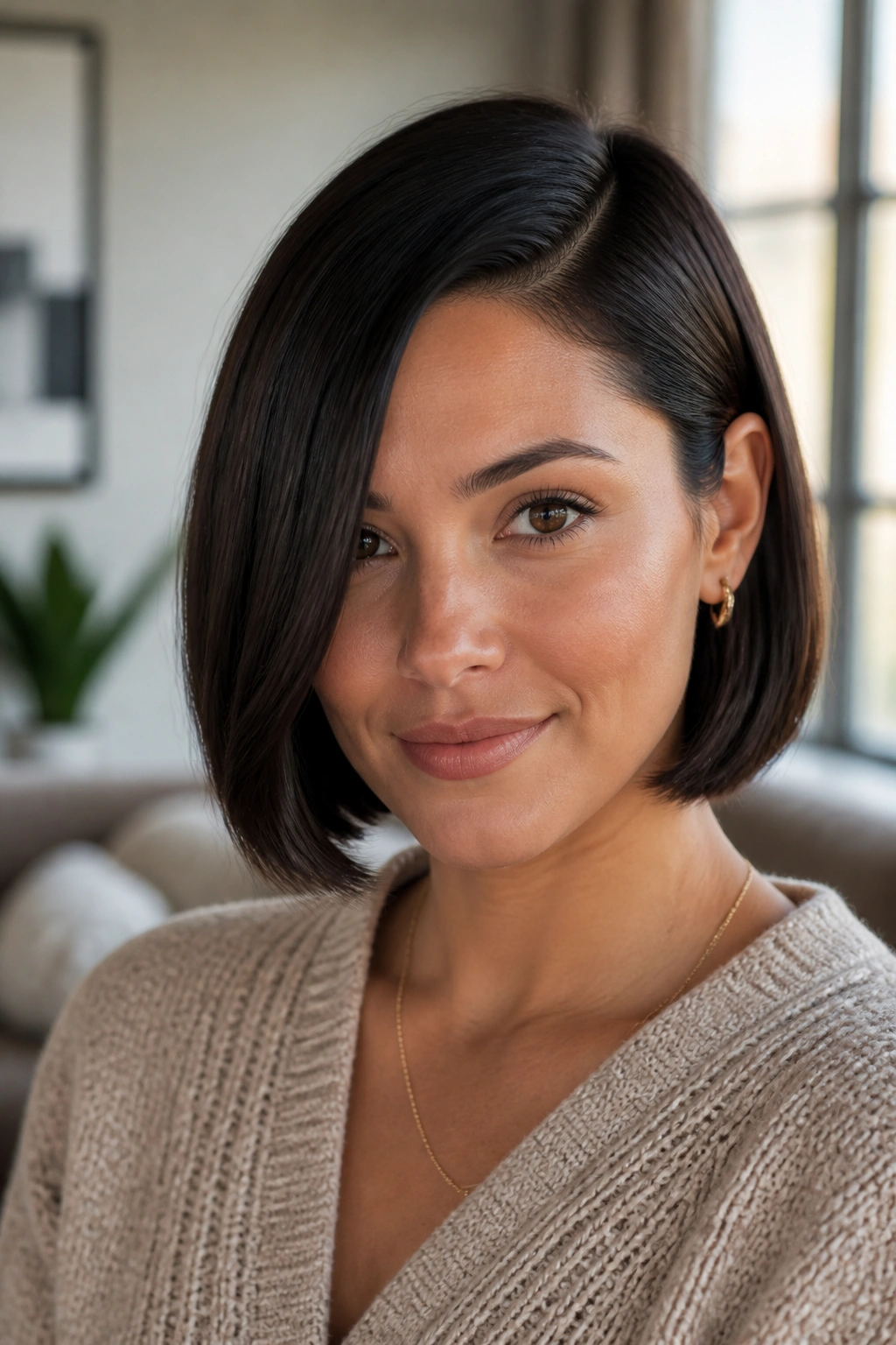 Close-up of a real woman with a deep side-part blunt bob just below the chin.