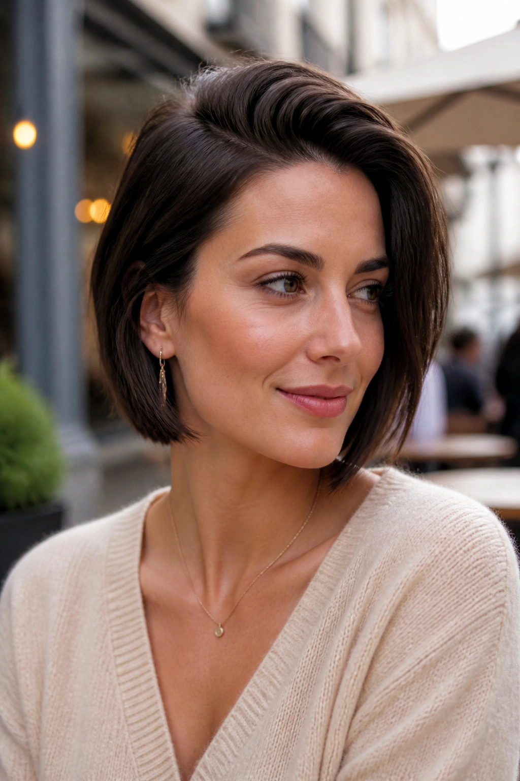 Real woman with deep side-part bob in morning light at cafe