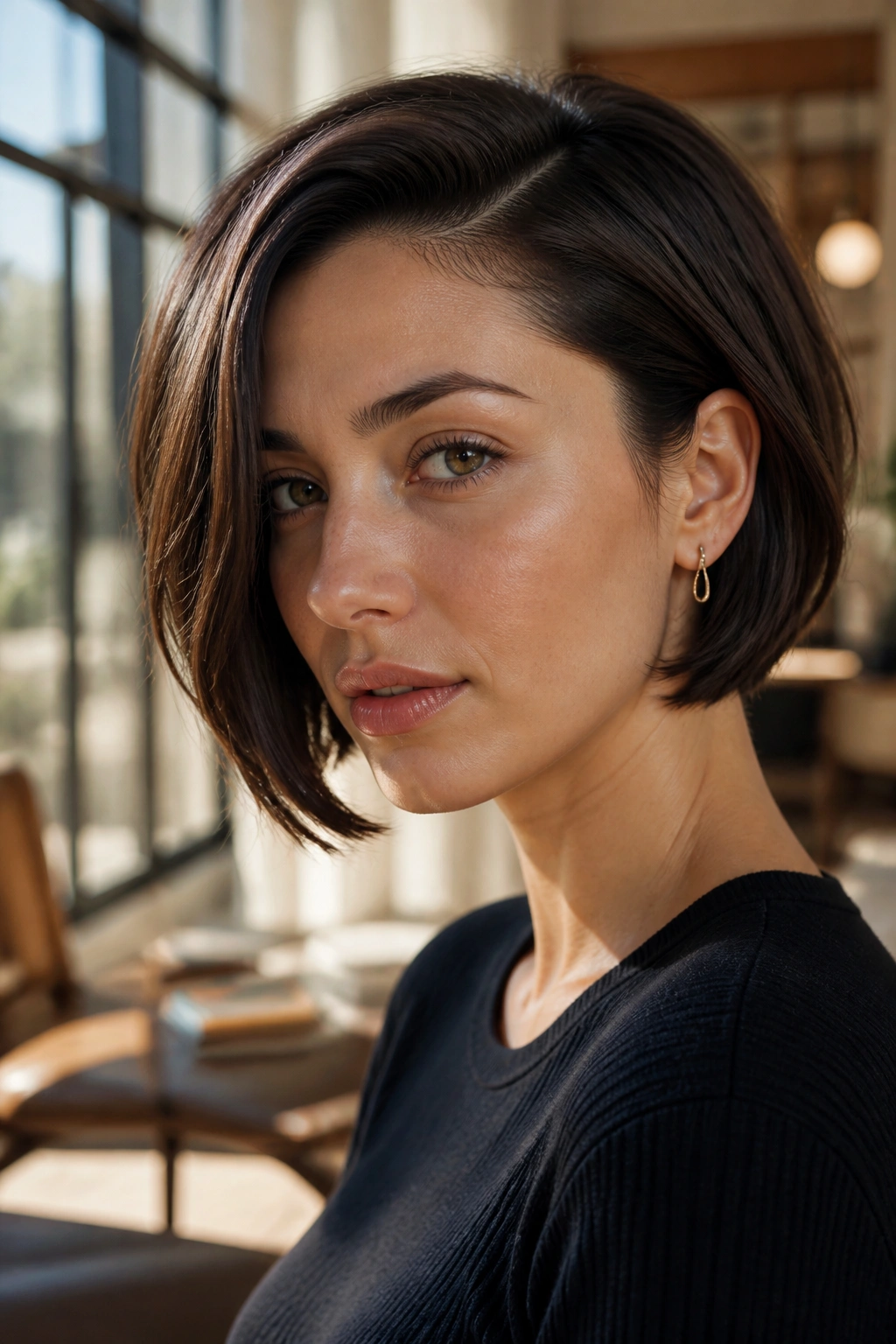 Close-up of a real woman with a deep side-part French bob showing dramatic part and sleek silhouette
