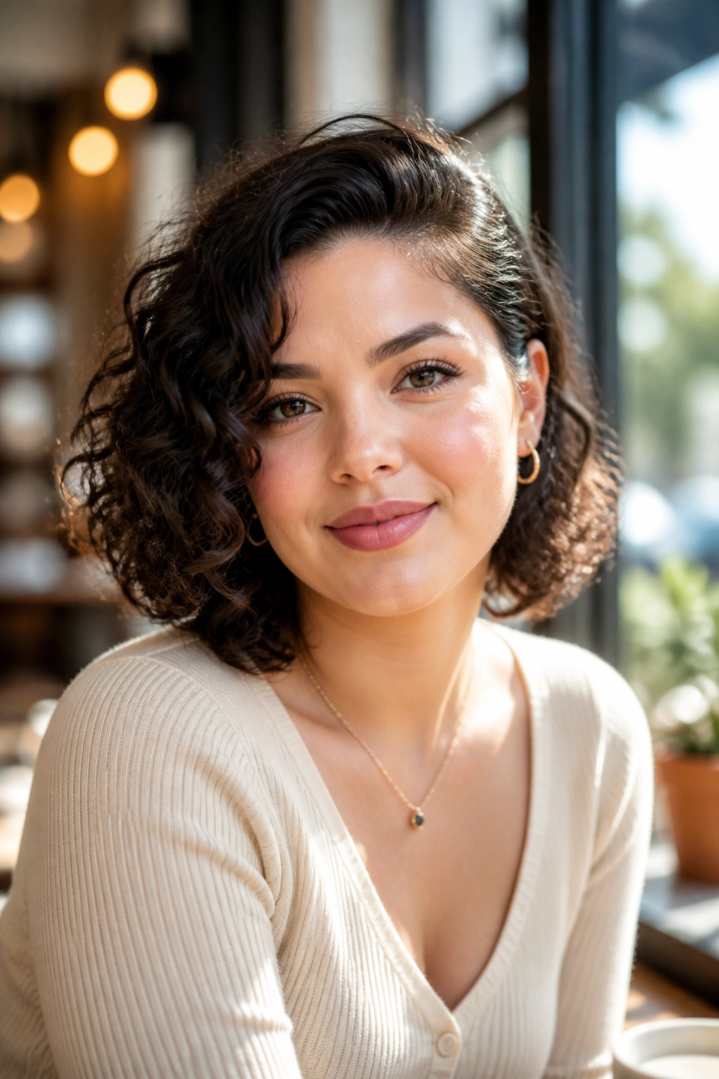 Close-up of a real woman with a deep side-part curly bob for round faces at a cafe window