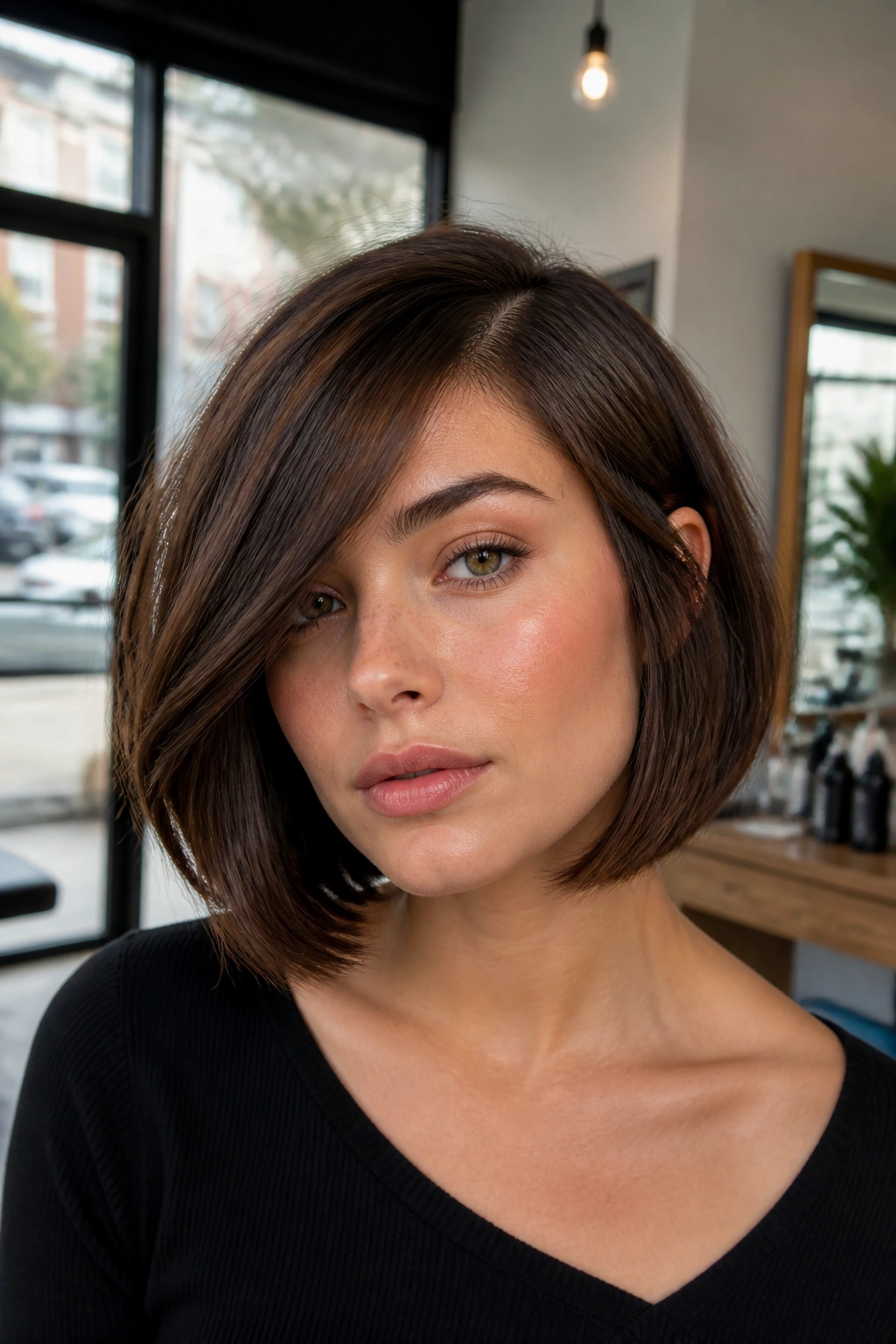 Close-up of a real woman with a deep side-part bob and diagonal parting.