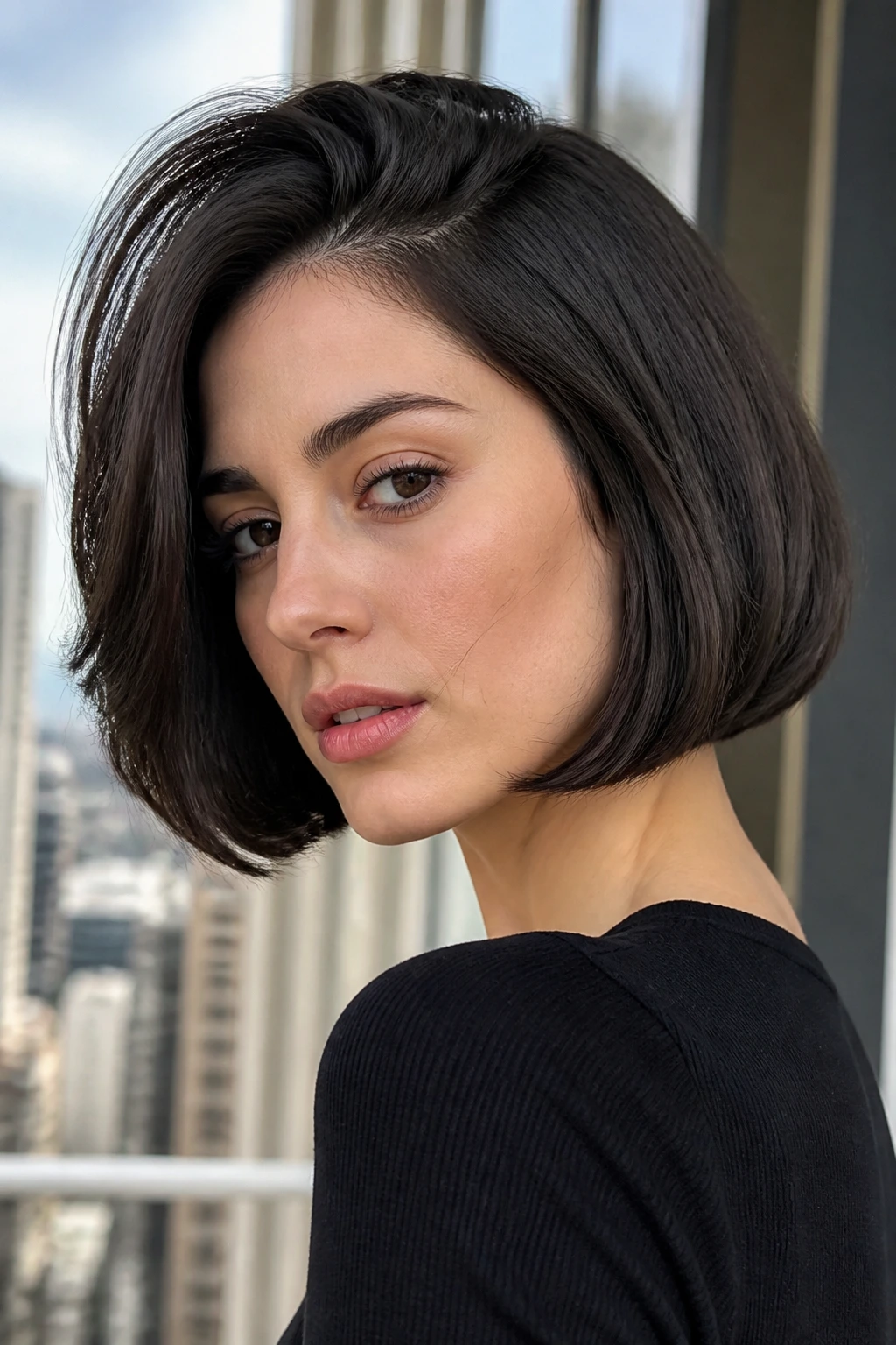 Close-up of a real woman with a deep side part French bob and lifted crown
