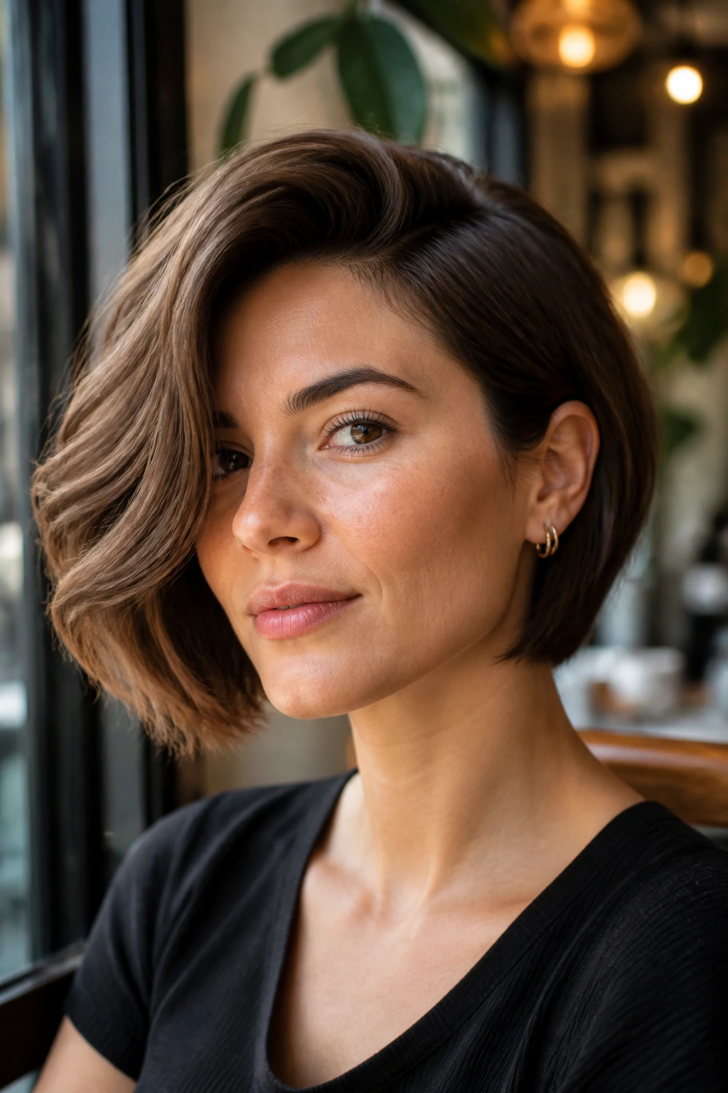 Portrait of a real woman with a deep side-part bob and swept volume