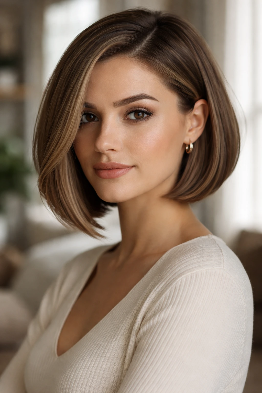 Real woman with deep side part in a blunt chin-length bob