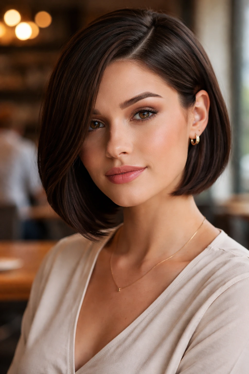 Close-up of a woman with a deep side-parted bob hairstyle