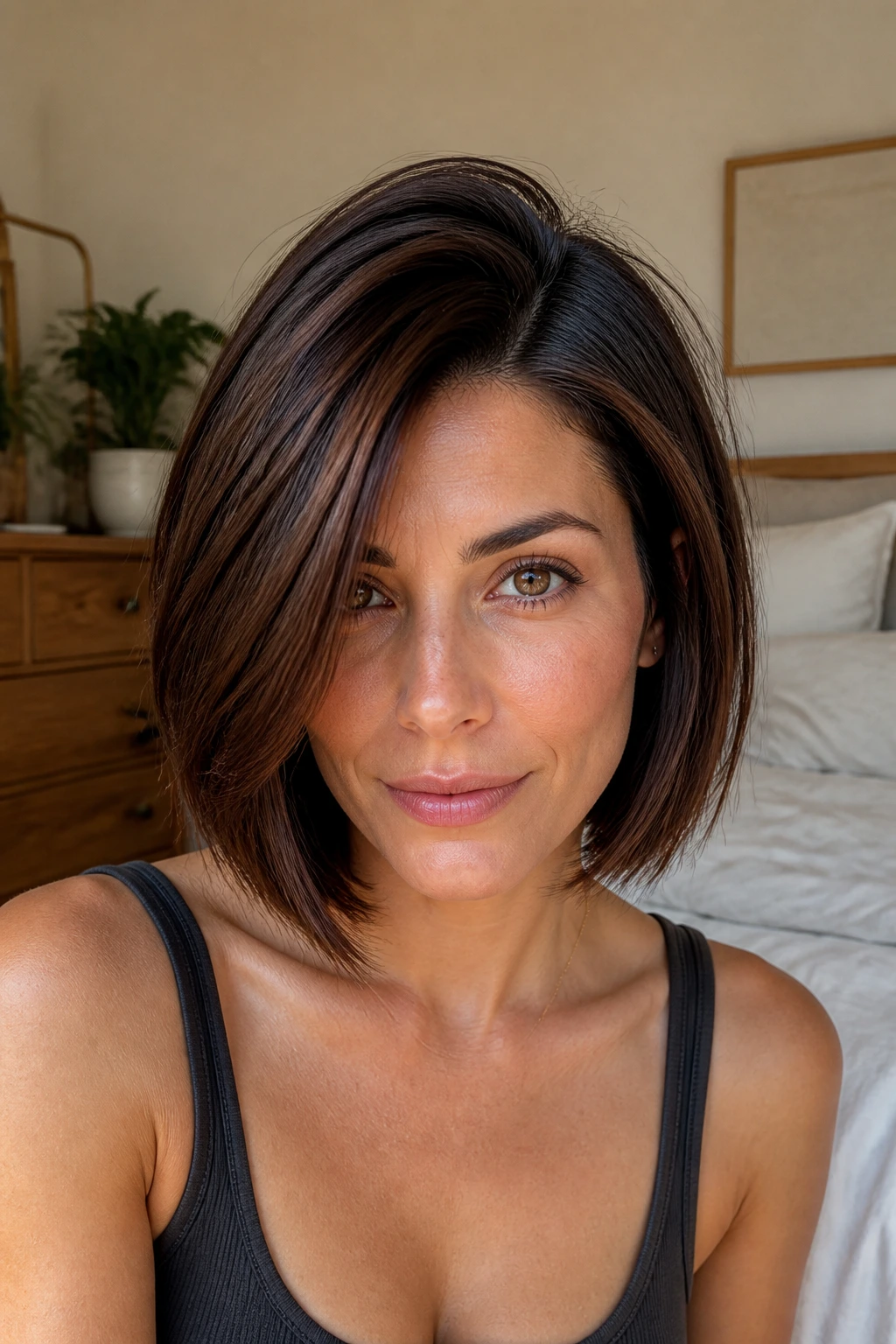 Portrait of brunette with deep side-part bob and root lift.