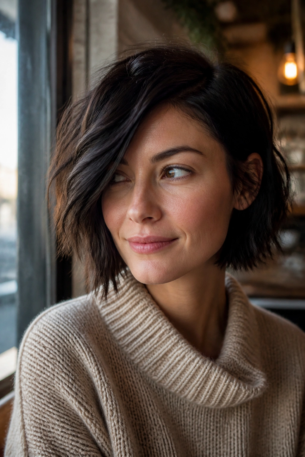 Portrait of a real woman with a deep side-part choppy bob in daylight at a cozy cafe.