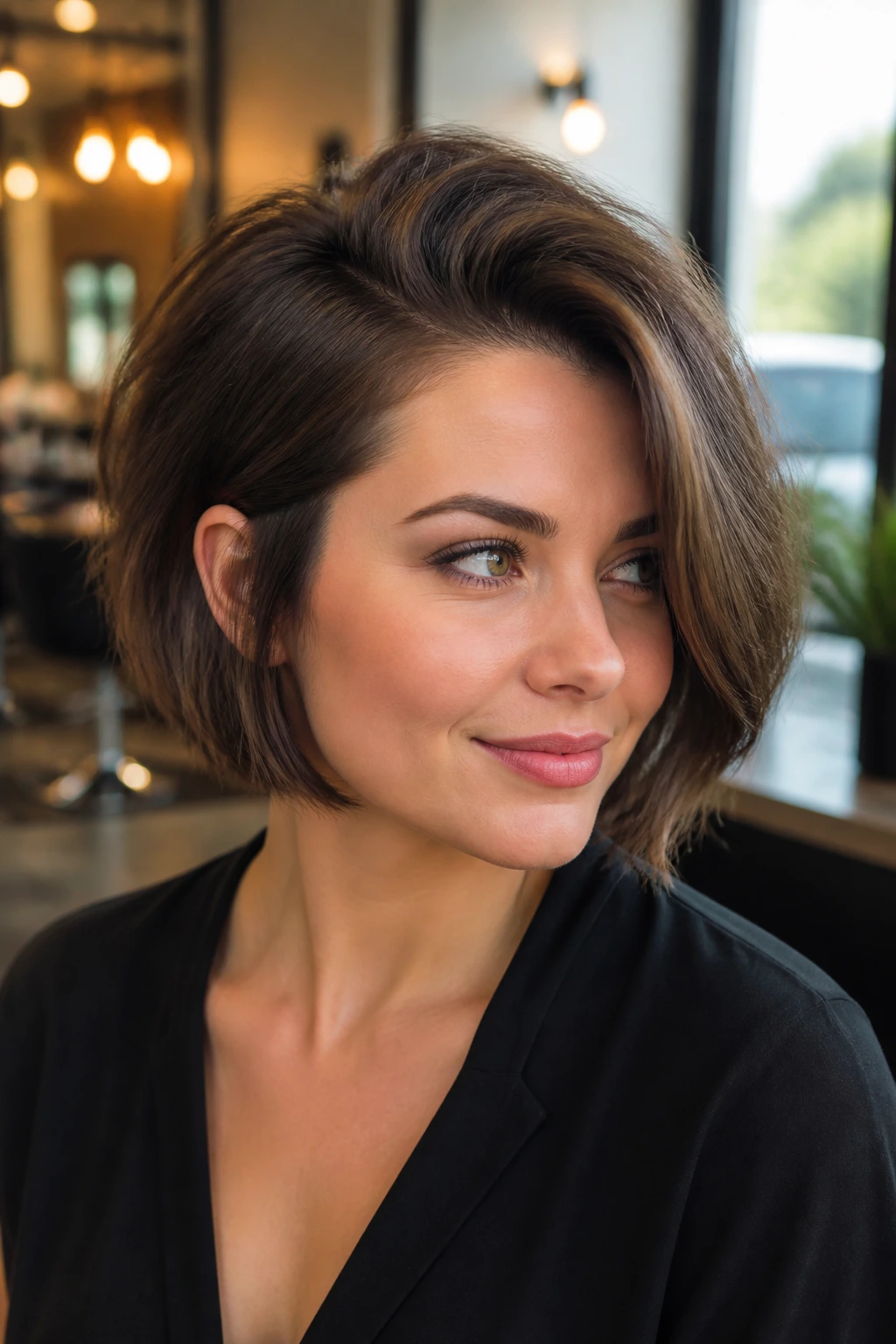 Close-up portrait of a real person with a deep side-part bob and lifted crown volume
