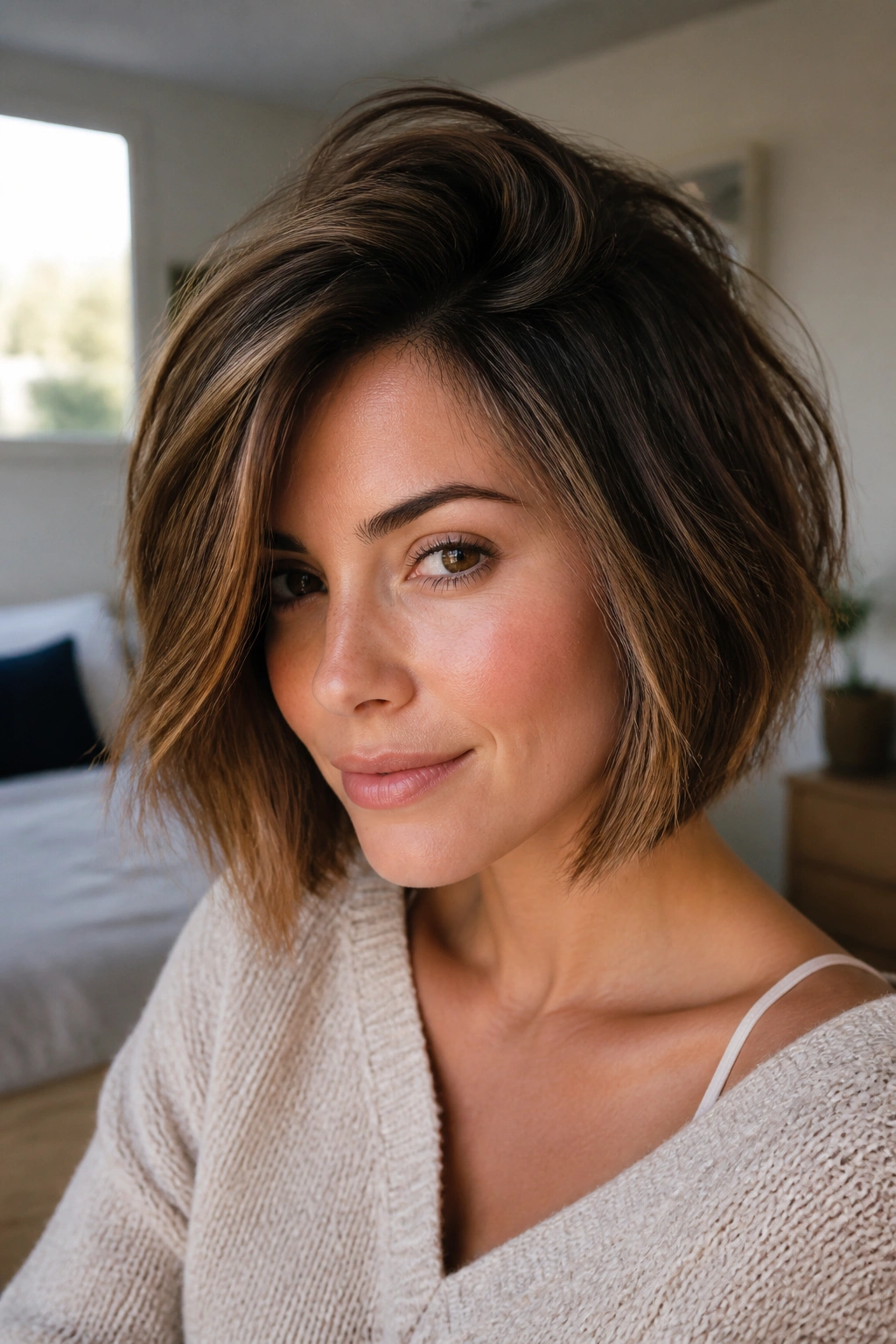 Close-up portrait of a real woman with a deep side-part bob and crown volume.