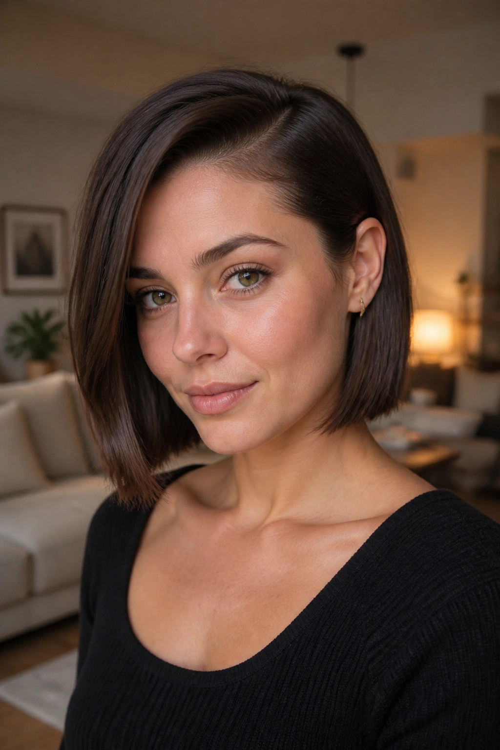 Close-up of a real woman with a deep side-part bob and ear tuck