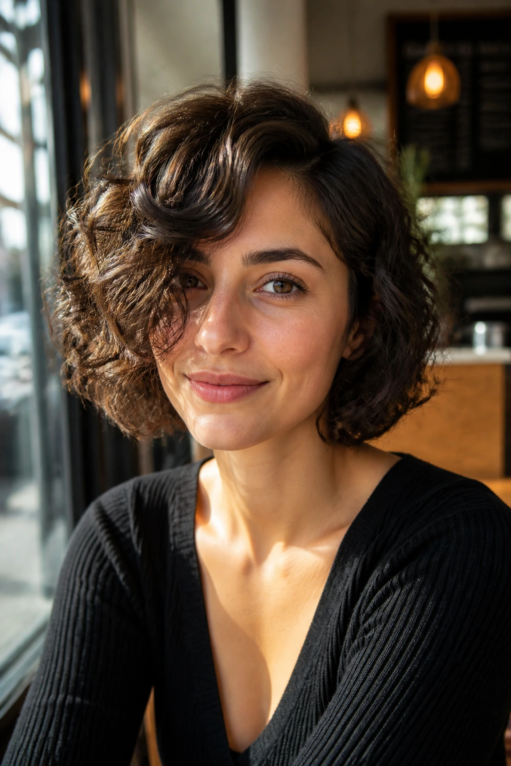 Portrait of a woman with deep side-parted curly bob and sweeping fringe.