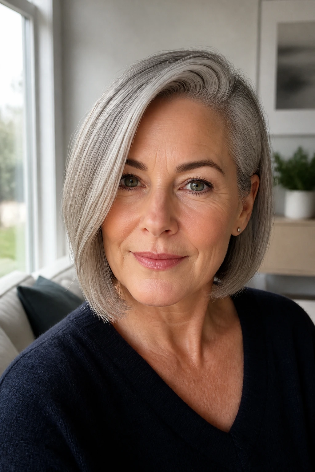 Close-up of a real woman with a deep side-part grey bob.