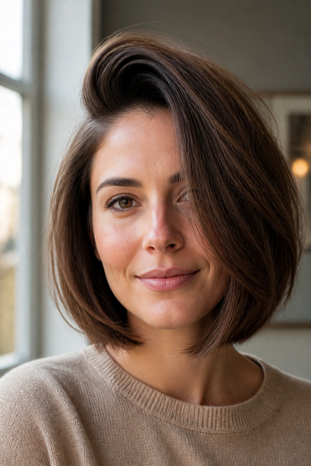 Real woman with a deep side-part bob and lifted roots in a softly lit room.