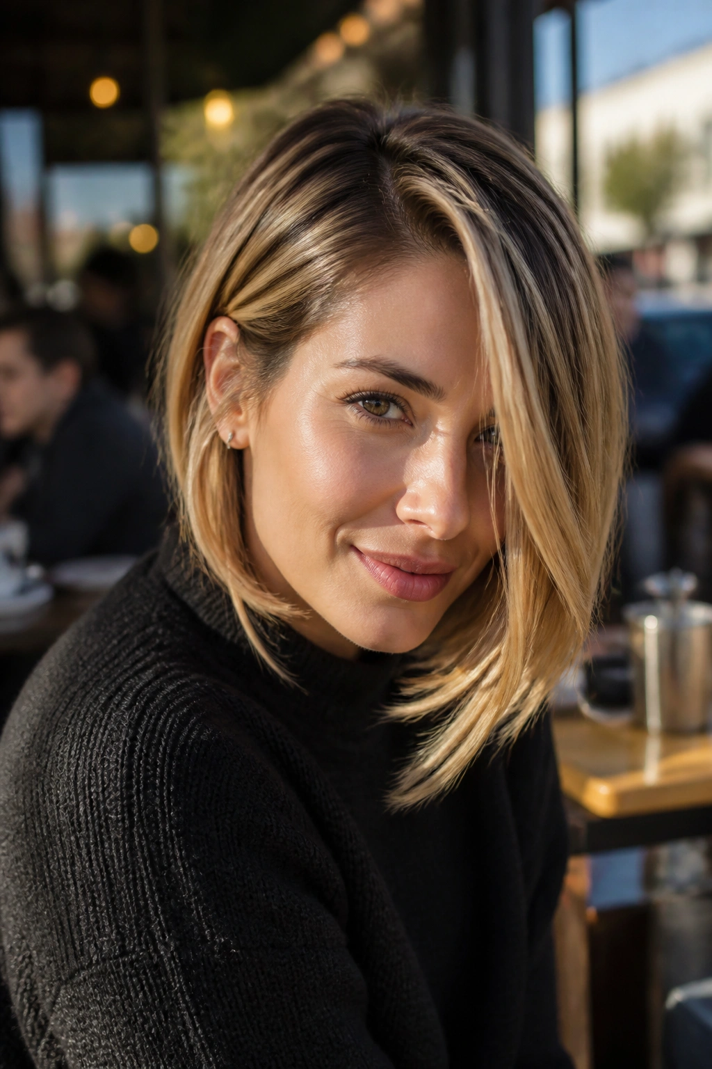 Real woman with deep side-part bob and long front pieces in afternoon light