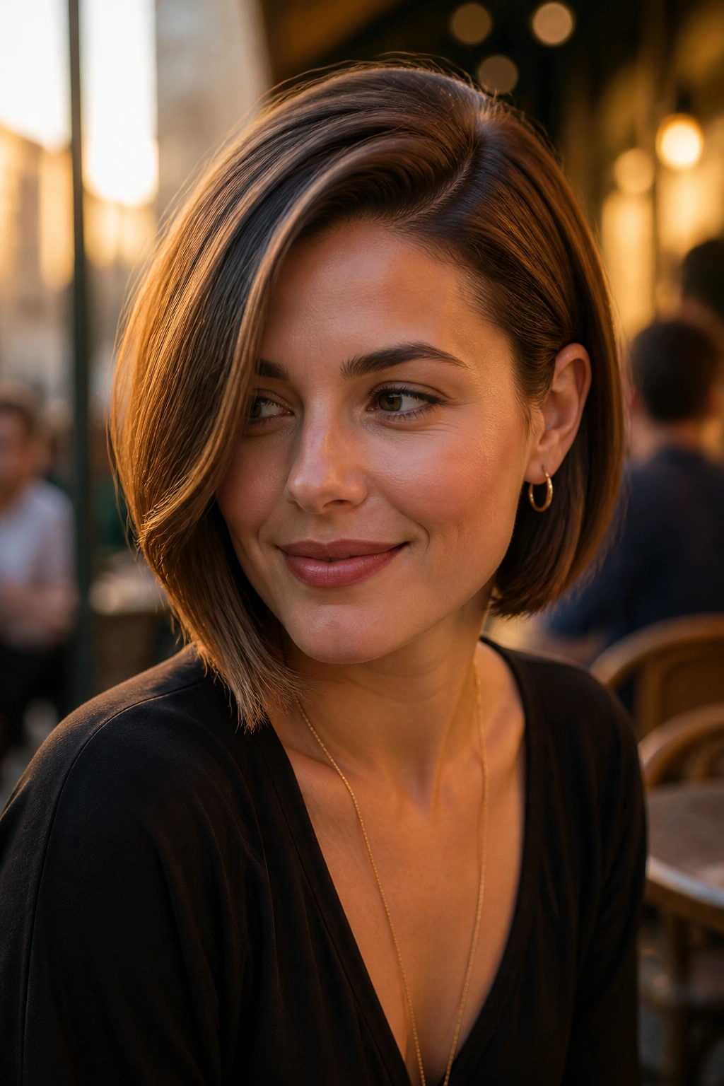 Close-up portrait of a real woman with a deep side-part bob in a city cafe setting