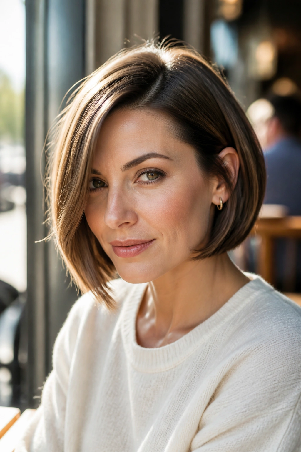Close-up of a real woman with a deep side-parted bob and beveled ends in a cafe setting.
