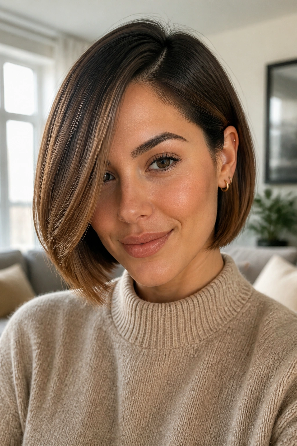 Close-up portrait of a real woman with a deep side-parted bob framing her face, natural window light.